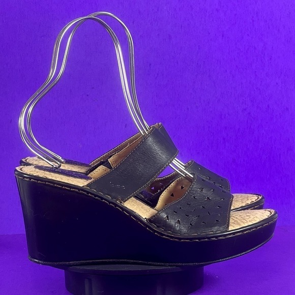 Born Concept Black Leather Double Strap Wedge Sandals Women's Shoe Size 10 - Picture 1 of 8